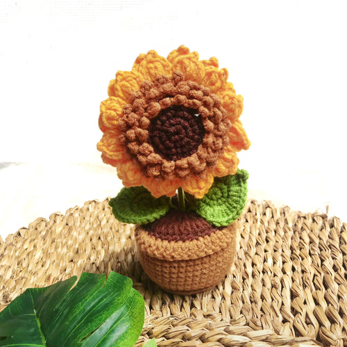 Handmade crochet sunflower plant, cheerful home decor in cotton yarn