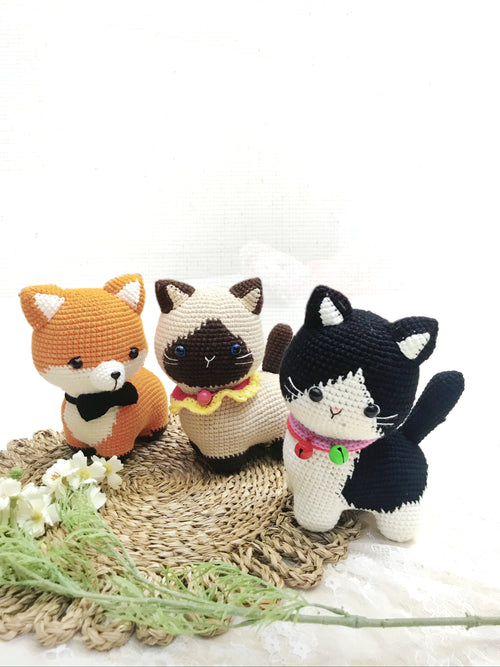 Handmade crochet fox and cat plush set with small knitted accessories