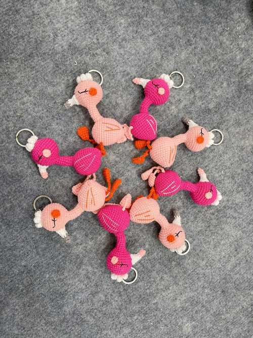 Handmade crochet flamingo keychain charm in cotton yarn