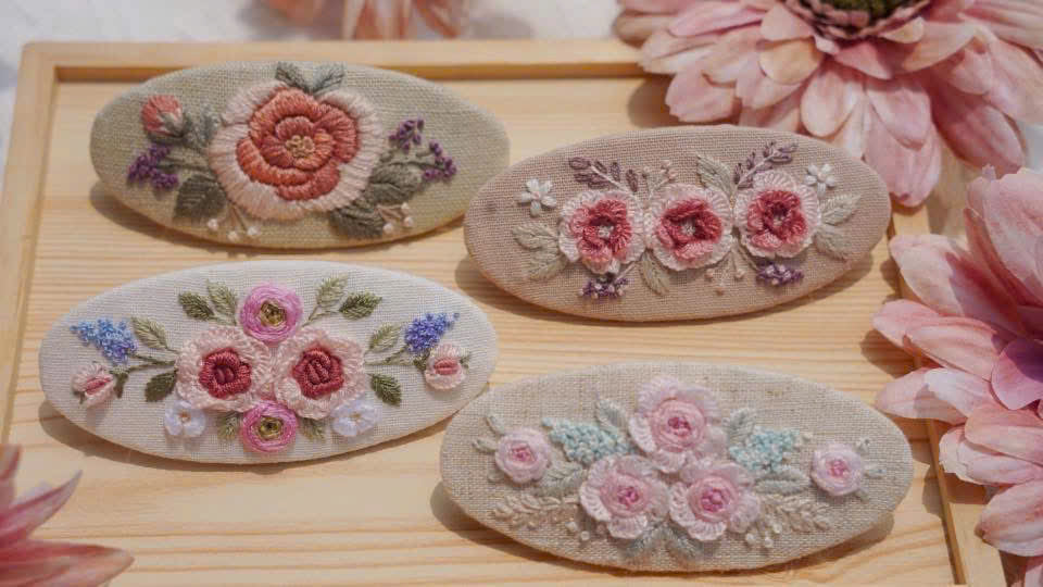 Embroidered linen floral barrette, another view