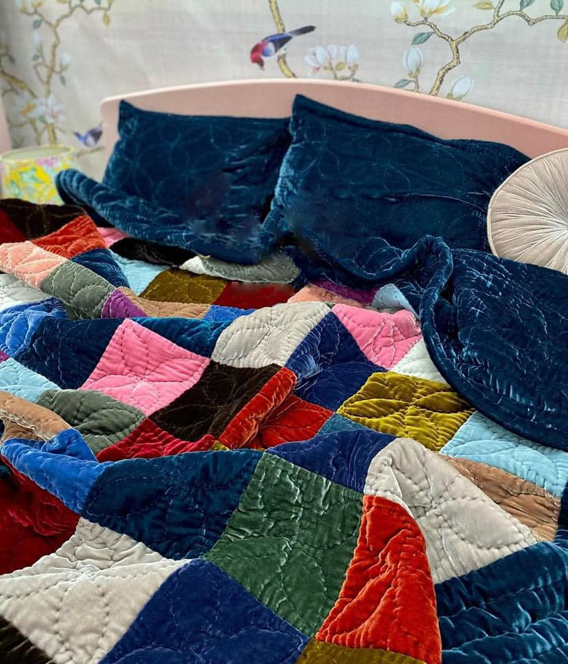 Antique Wool and Silk Quilt Top with Foundation Backing