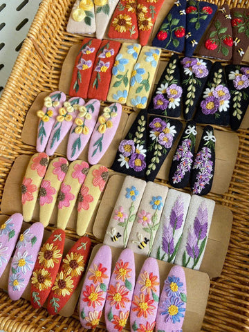 Embroidered Hair Clip Linen Floral Design • Bulk Order Available