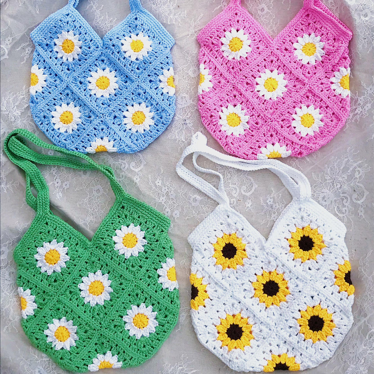 Handmade crochet tote bag with colourful flowers, market bag