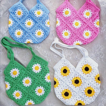 Handmade crochet tote bag with colourful flowers, market bag