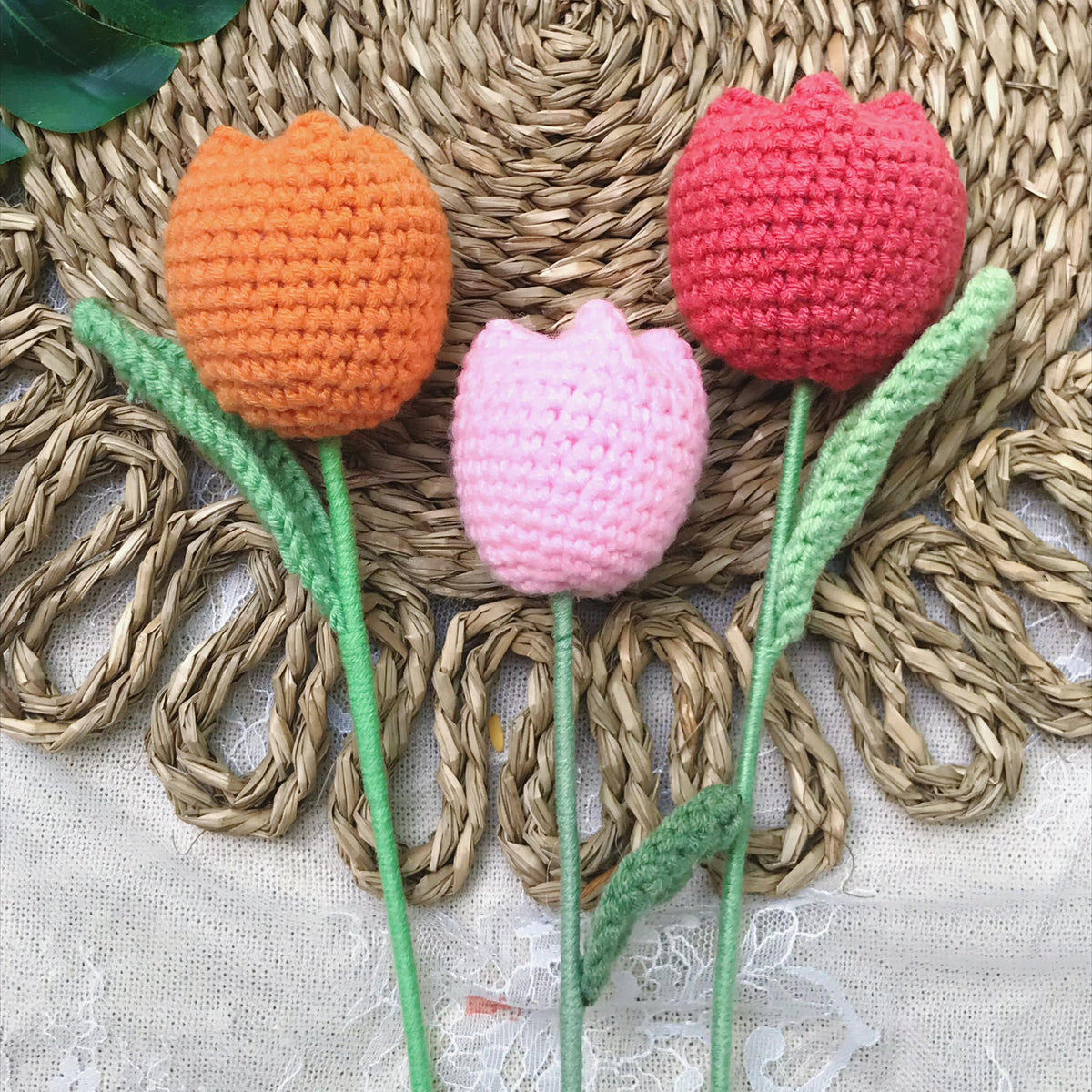 Crochet tulips in cotton yarn, another view