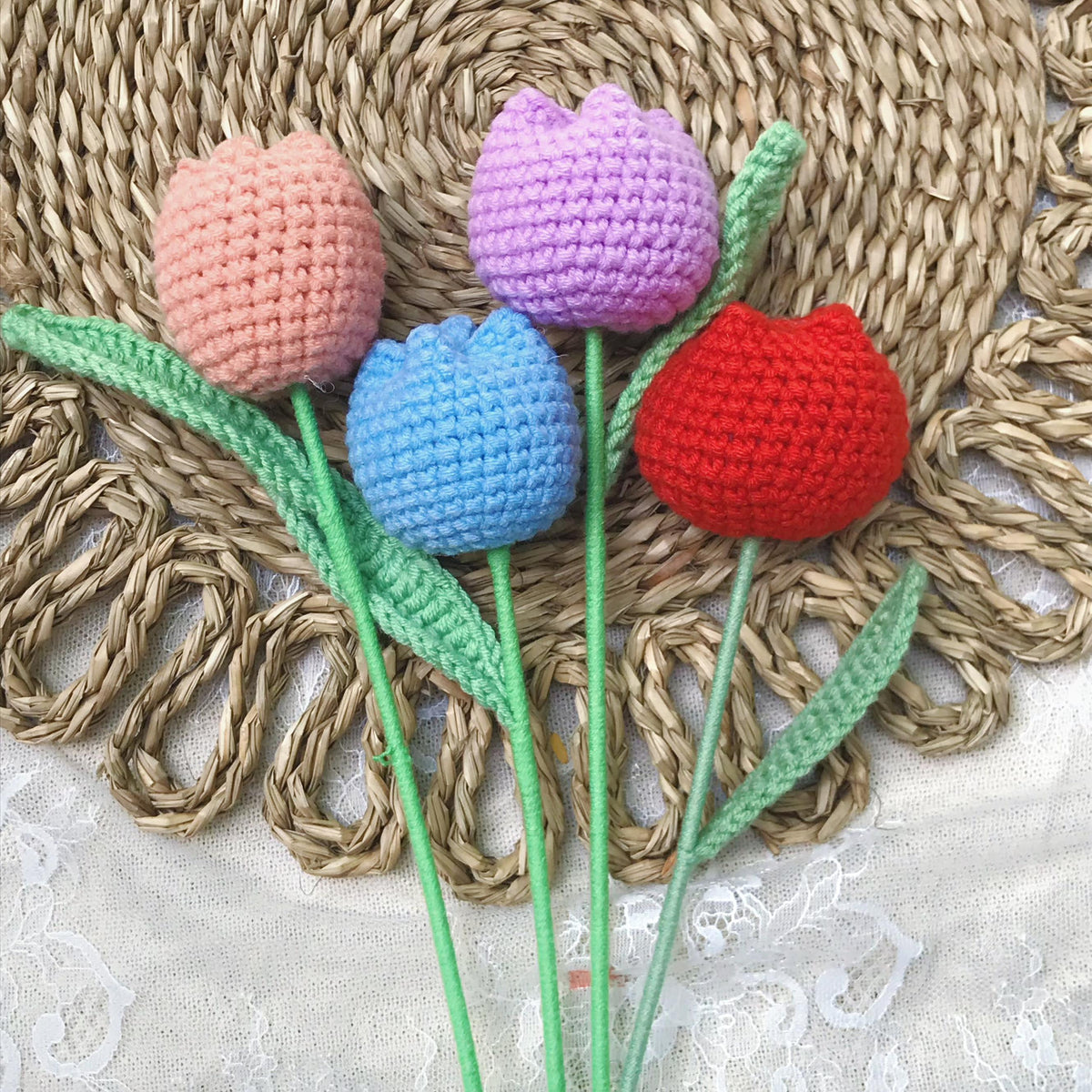 Handmade crochet tulip stems, close view