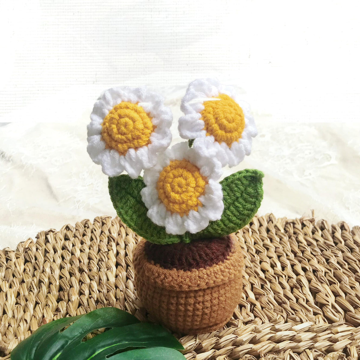 Handmade crochet blooms, close view