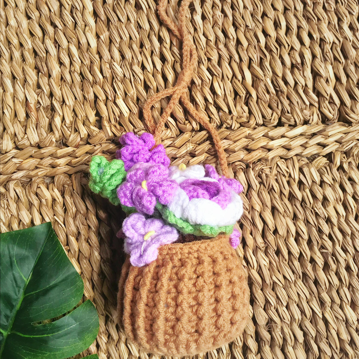 Crochet floral basket in cotton yarn, another view