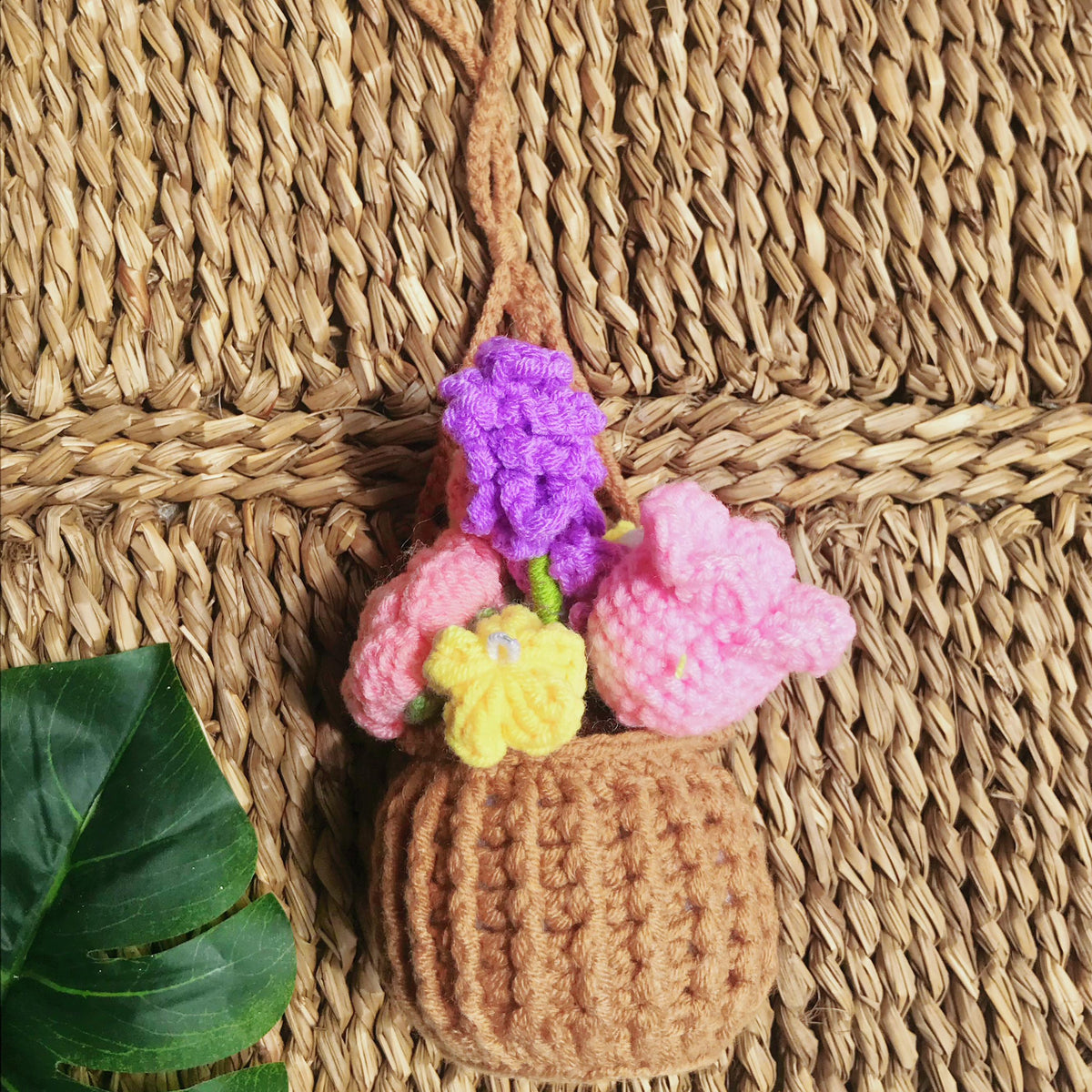 Crochet flower basket home decor, another view