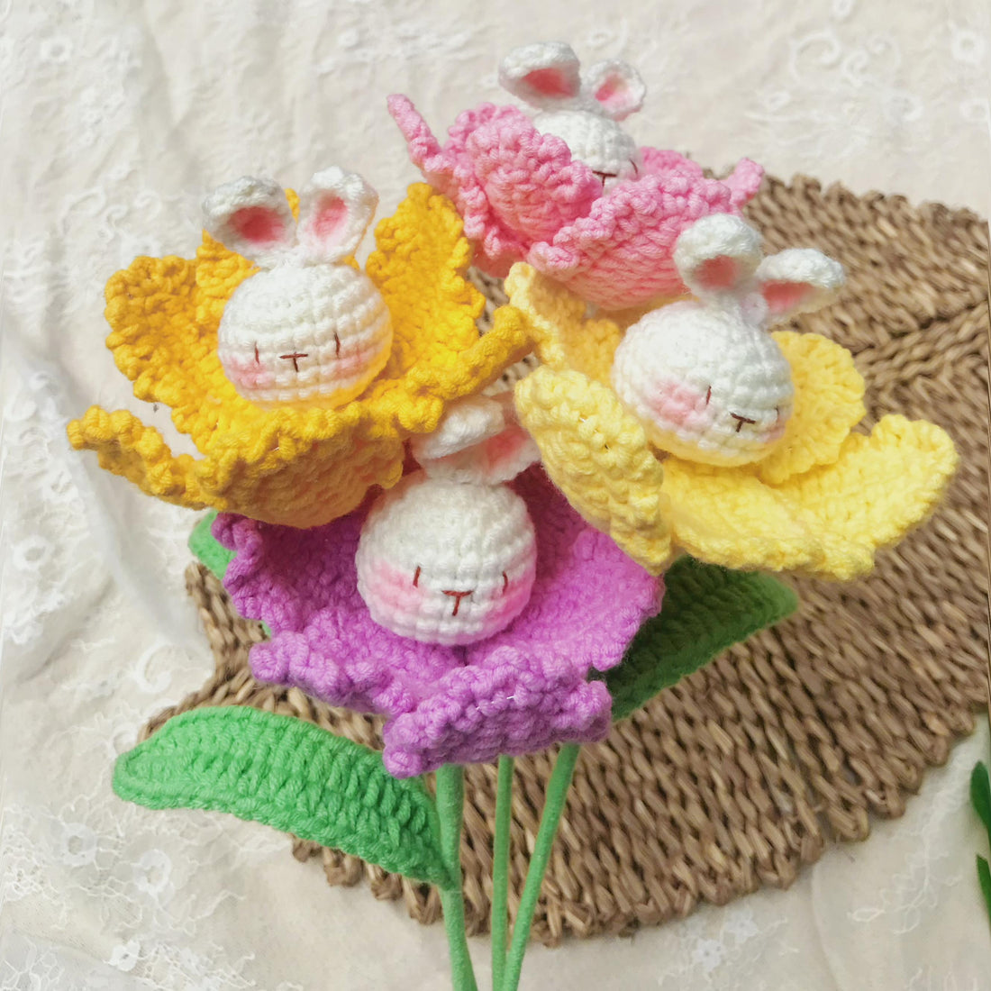 Handmade Crochet Bunny Flower Bouquet, Whimsical Floral Decor, Unique Crochet Gift, Spring Home Decor, Artisan Crochet Flowers