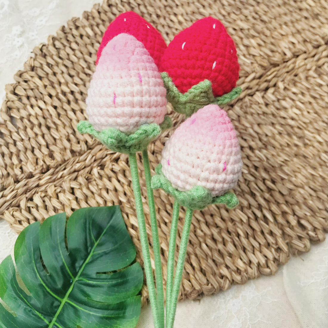 Handmade Crochet Strawberry Bouquet, Fruity Floral Decor, Unique Crochet Gift, Spring Home Decor, Artisan Crochet Flowers