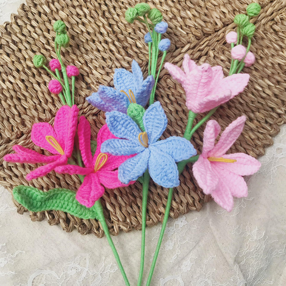 Crochet wildflowers in cotton yarn, another view