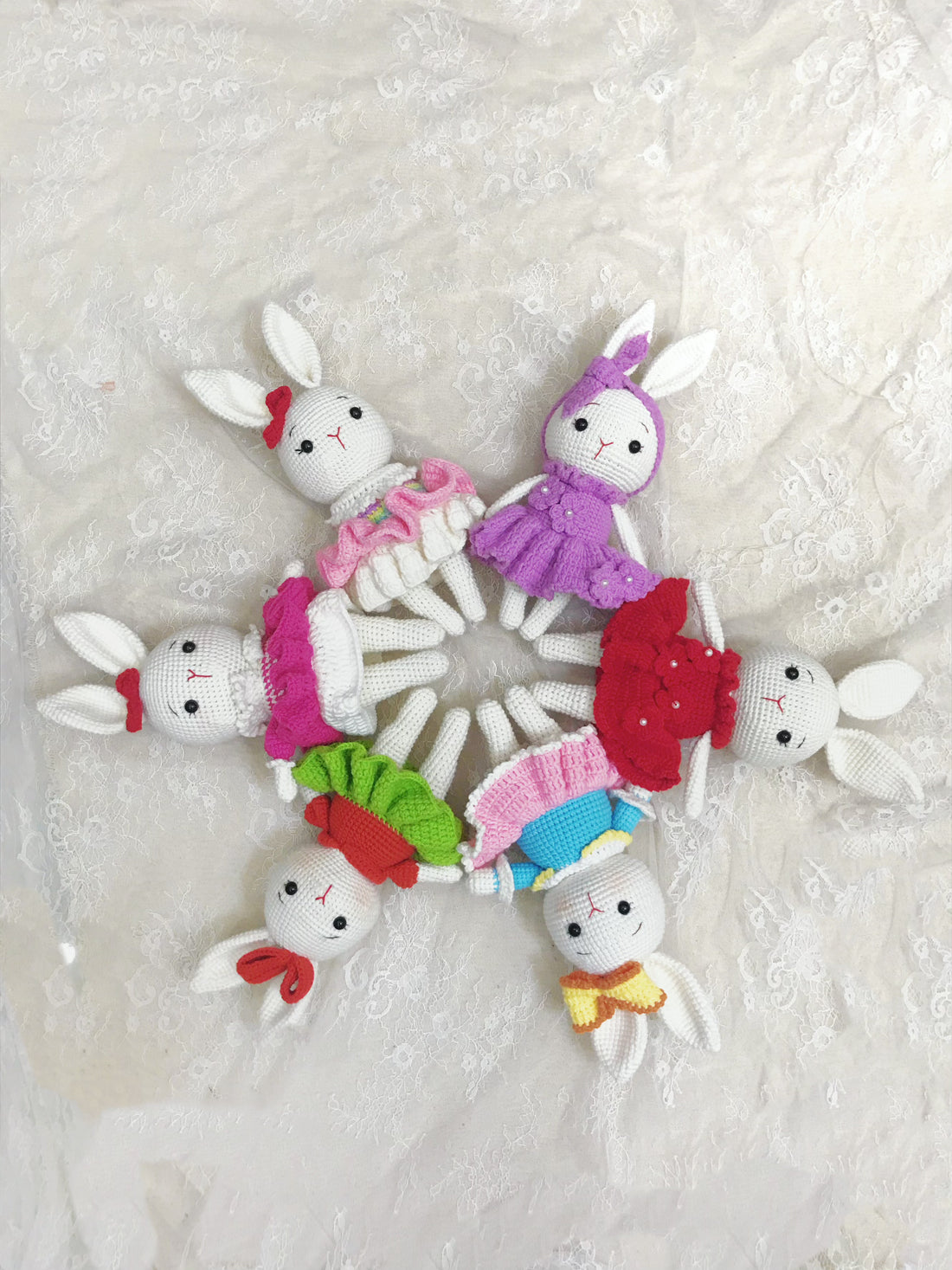 Adorable Handmade Crochet Bunny Plush Trio - Colorful Outfits with Accessories
