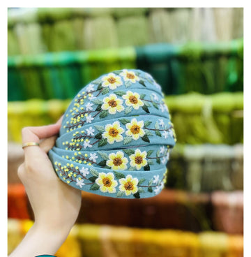 Hand Embroidered Headband, Sunflower design • Wholesale Available
