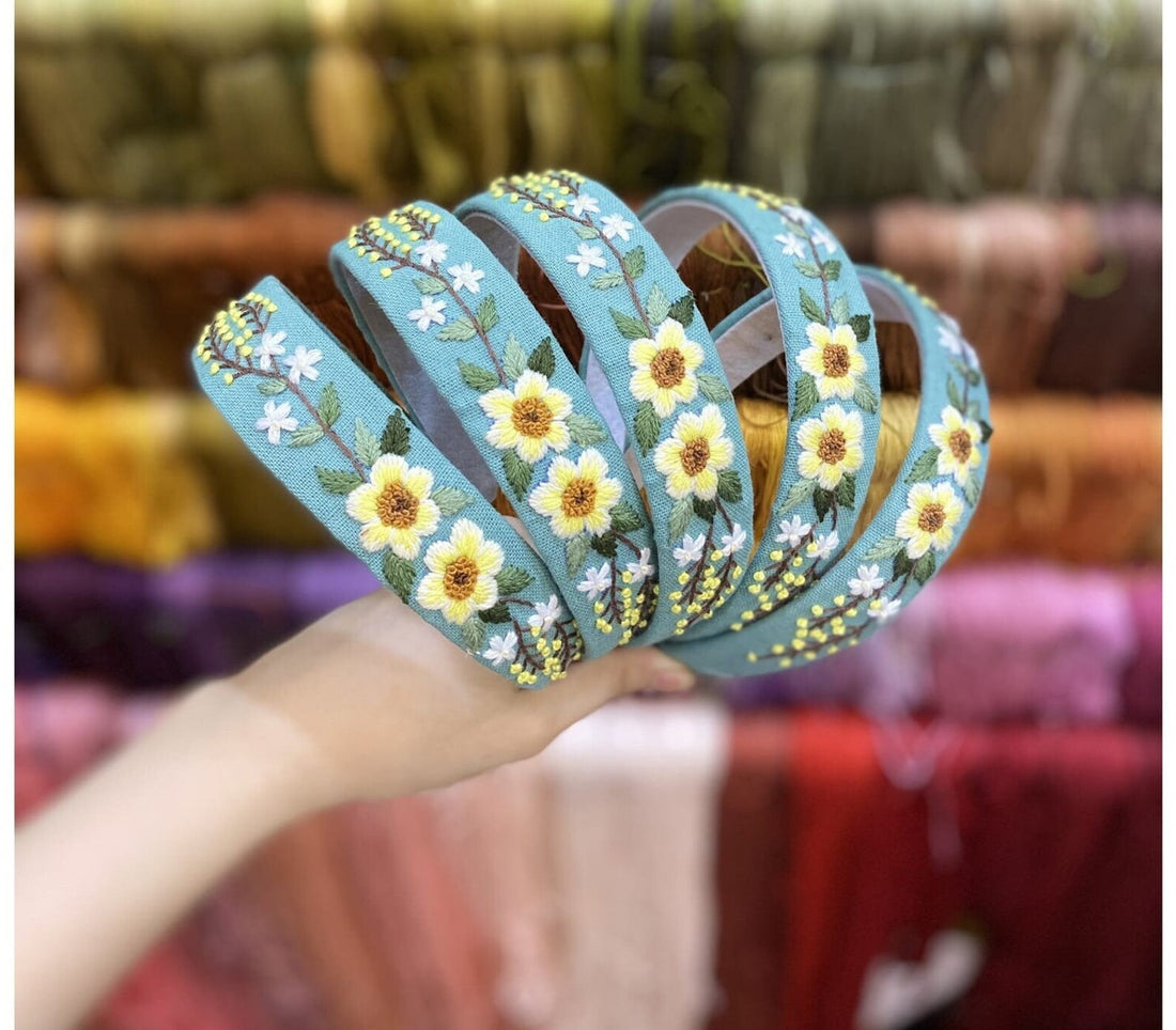 Hand Embroidered Headband, Sunflower design • Wholesale Available