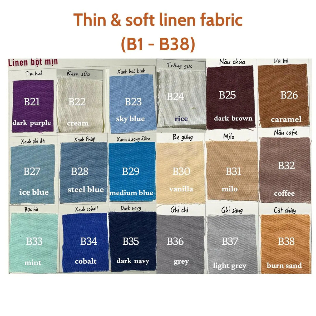 Colour chart of thin, soft linen swatches labelled B1 to B38