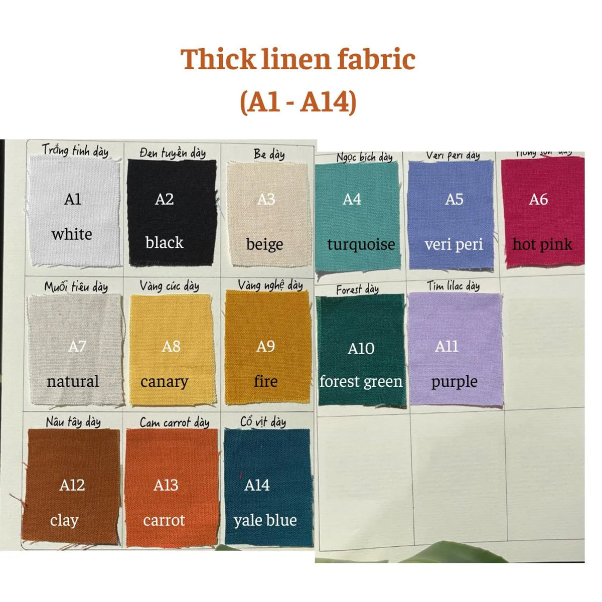 Colour chart of fourteen thick linen fabrics