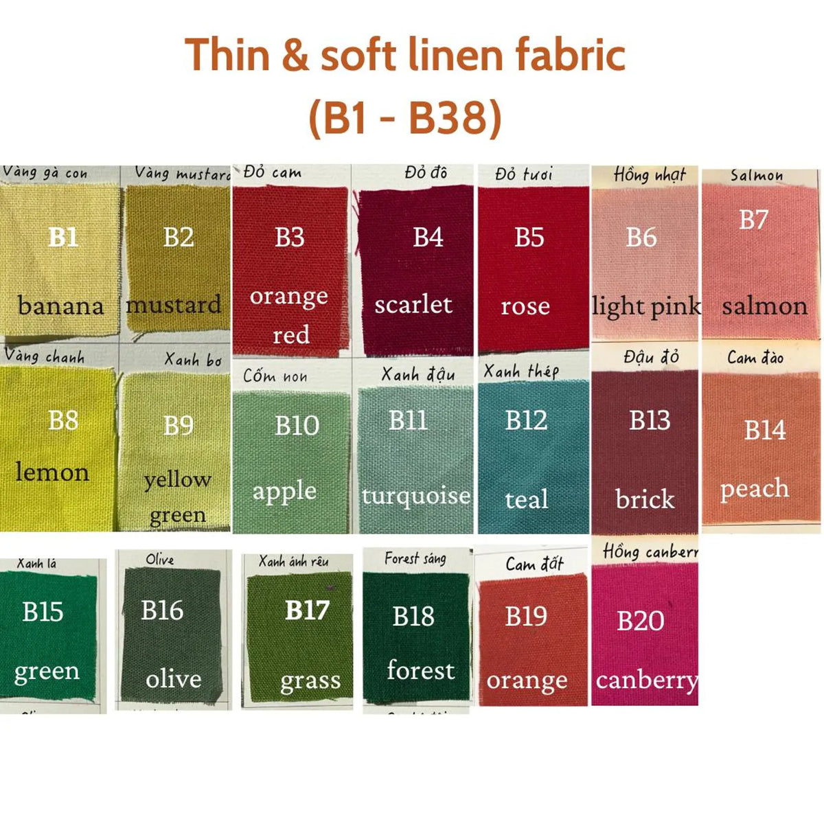 Linen colour chart with twenty swatches, each labelled with its code