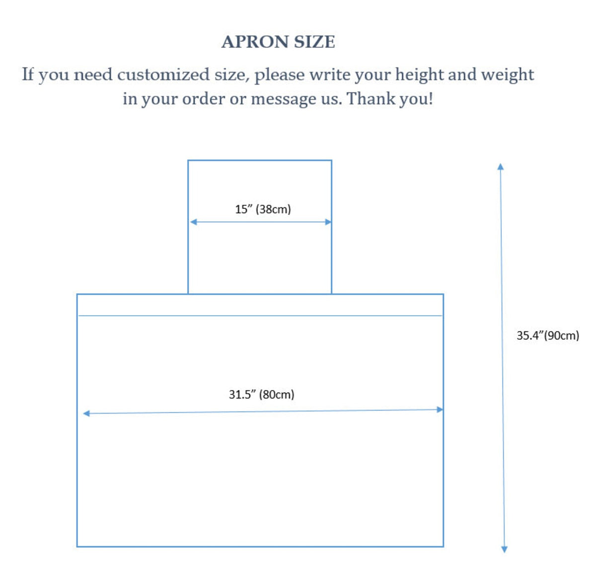 Apron size diagram, 31.5 inches wide, 35.4 inches long, bib 15 inches across