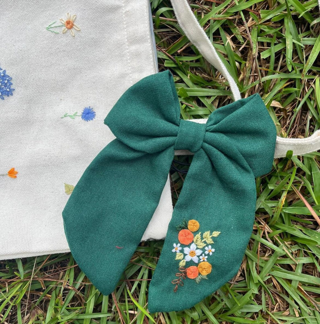 Hand Embroidered Hair Bow Personalized, Embroidery Hair Tie • Wholesale Available
