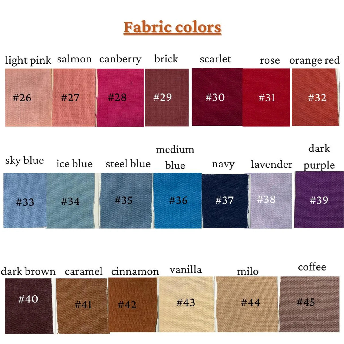 Linen colour chart, swatches 26 to 45 with their names and numbers