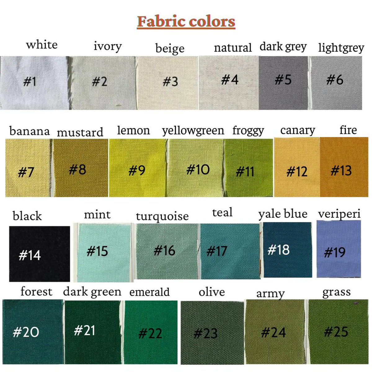 Linen colour chart, swatches 1 to 25 with their names and numbers