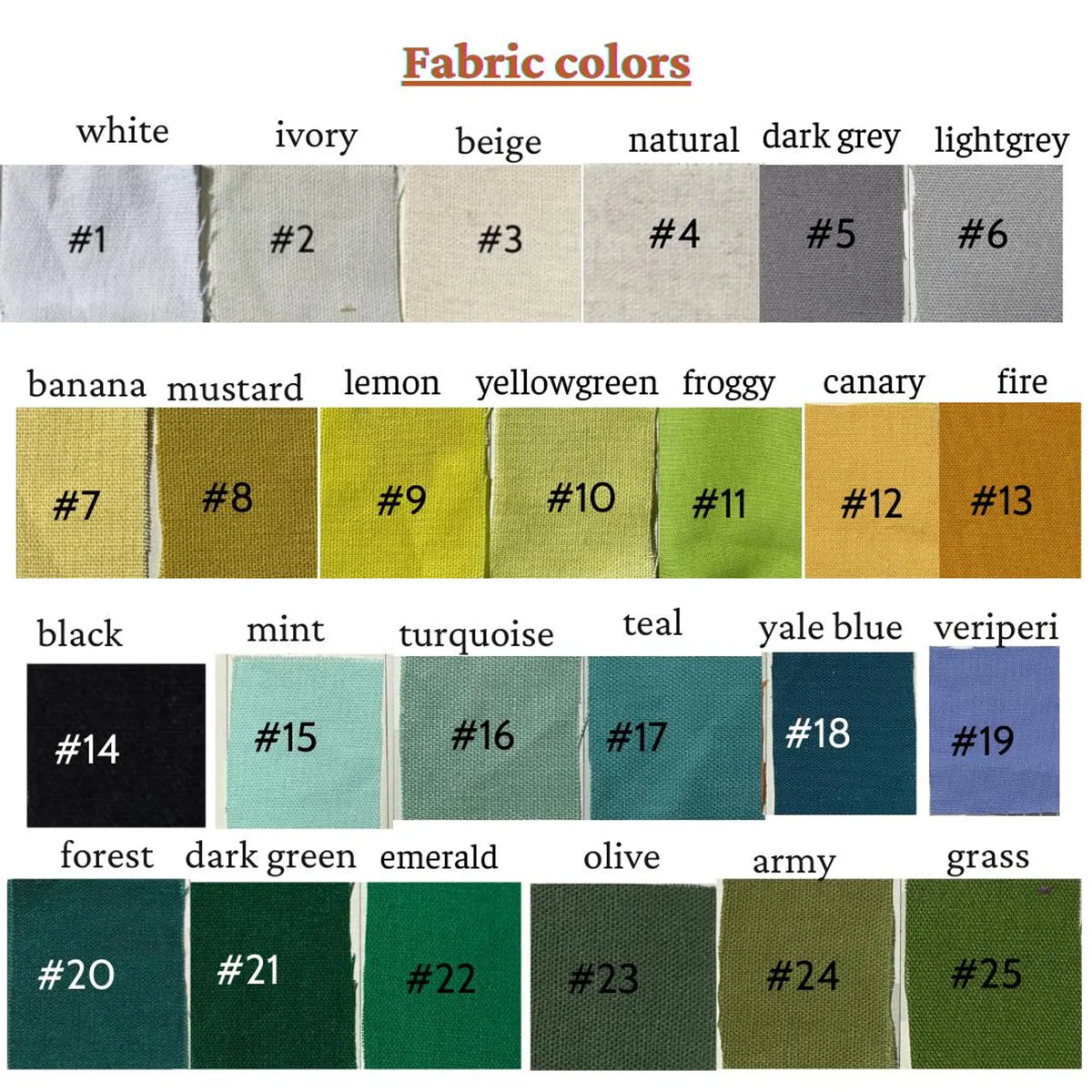 Linen colour chart, swatches 1 to 25 with their names and numbers