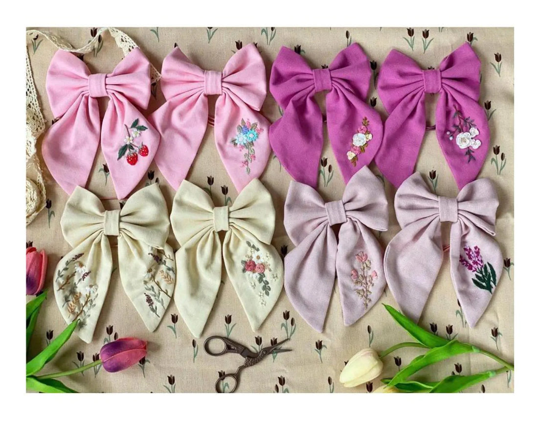 Hand Embroidered Hair Bow Personalized, Embroidery Hair Tie • Wholesale Available