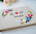 Monogram Wreath Guest Book by The Thread Nest, hand-embroidered linen cover, photo 4