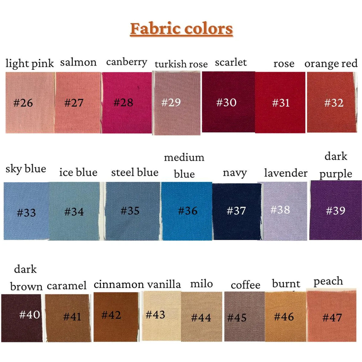 Linen colour chart with thirty-nine fabric swatches