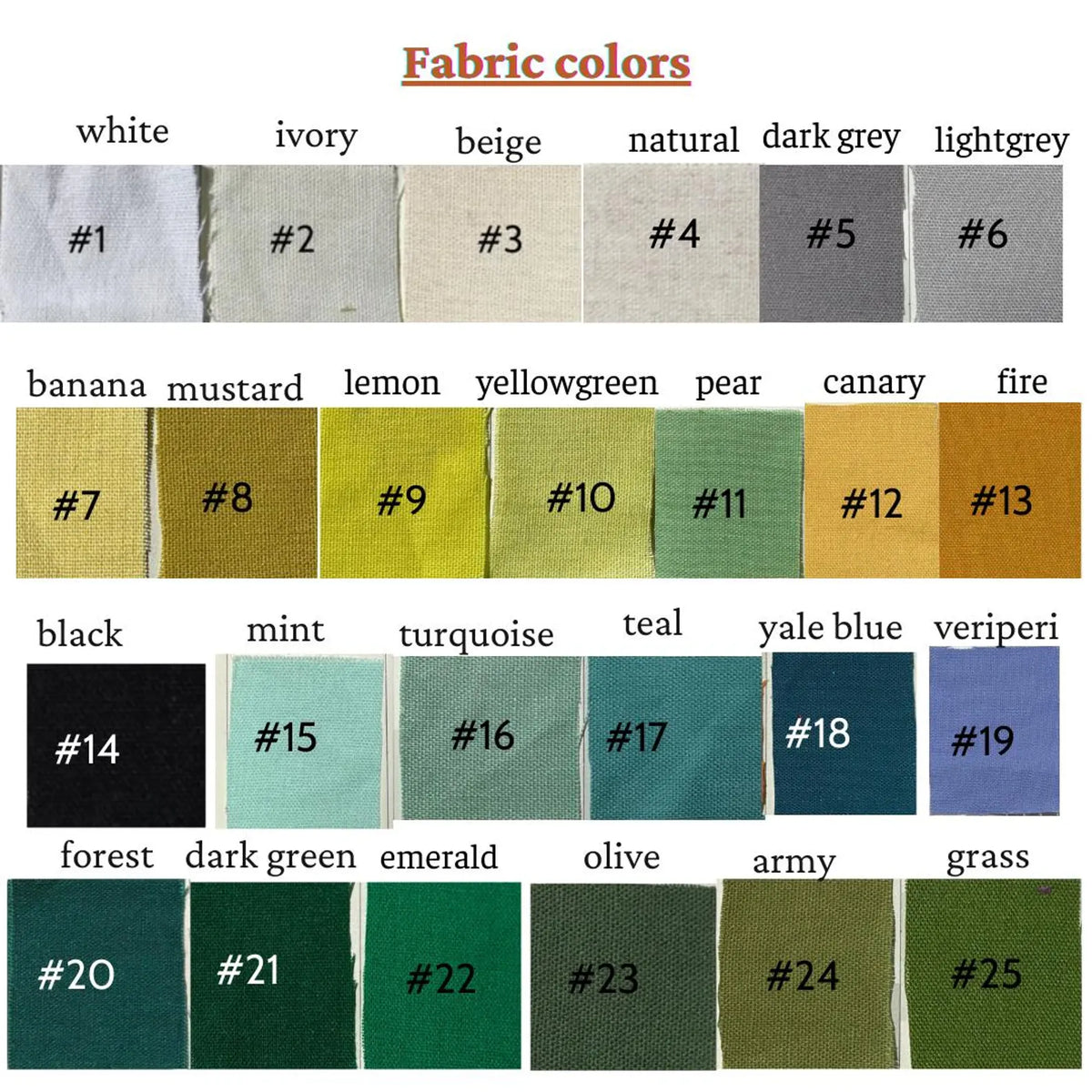 Linen colour chart with twenty-five fabric swatches and their code numbers