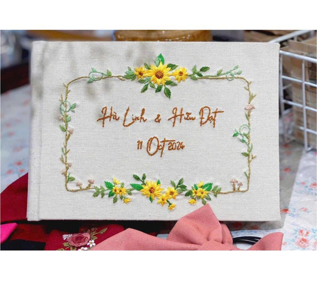 Sunflower Vine Wedding Guest Book by The Thread Nest, hand-embroidered linen cover, photo 1