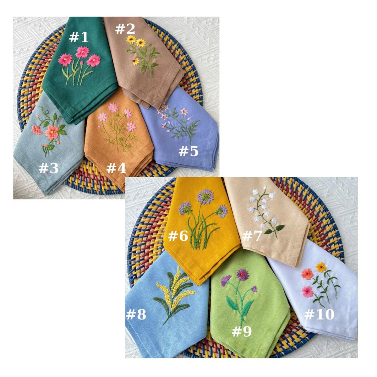 Ten embroidered linen napkins, each with a different floral design — hand-embroidered by The Thread Nest