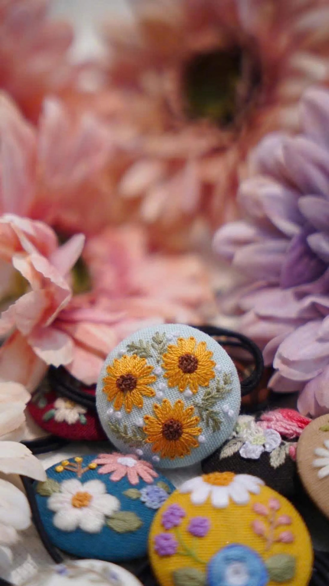 Hand Embroidered Button Hair Tie, Flower Design • Wholesale Available