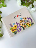 Sunflower & Lavender Guest Book with Initials by The Thread Nest, hand-embroidered linen cover, photo 3