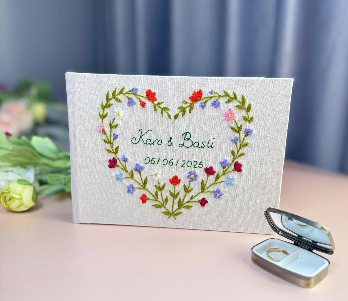 Floral Heart Wedding Guest Book by The Thread Nest, hand-embroidered linen cover, photo 3