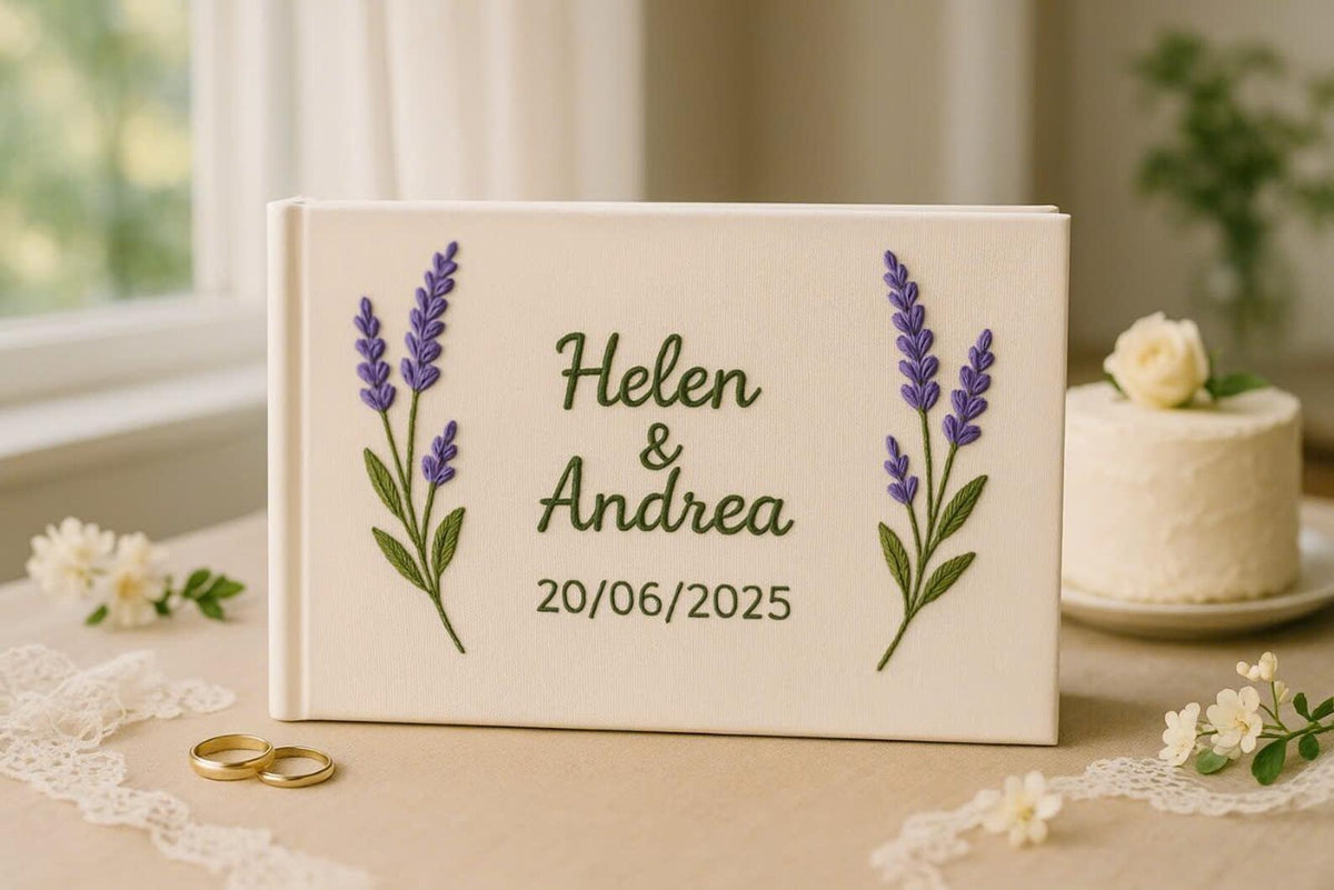 Wedding Guest Book with Names & Lavender by The Thread Nest, hand-embroidered linen cover, photo 1