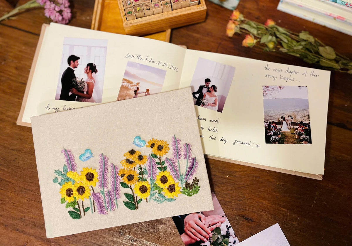 Sunflower & Butterfly Guest Book by The Thread Nest, hand-embroidered linen cover, photo 2