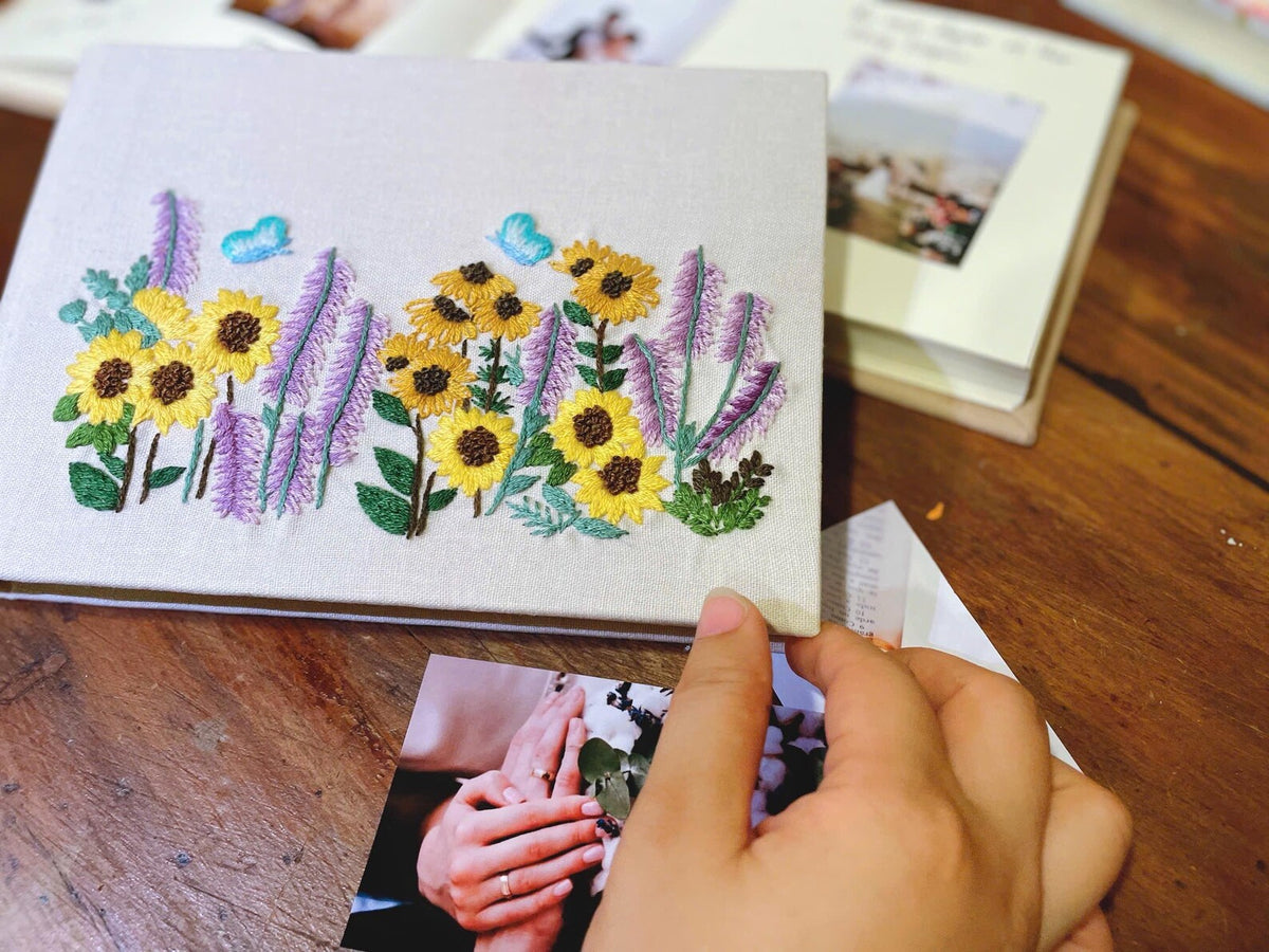 Sunflower & Butterfly Guest Book by The Thread Nest, hand-embroidered linen cover, photo 3