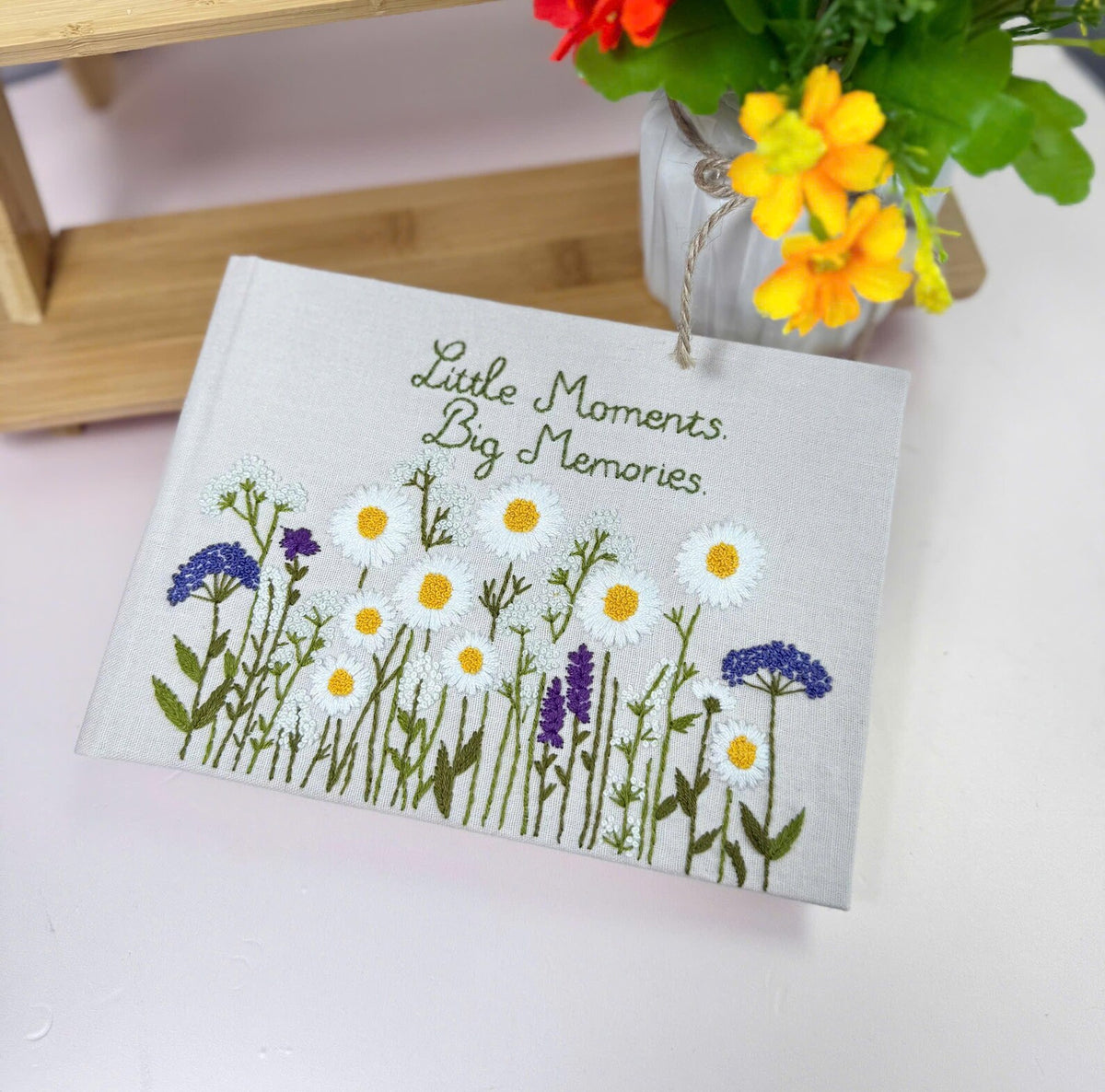 Little Moments, Big Memories Daisy Guest Book by The Thread Nest, hand-embroidered linen cover, photo 3