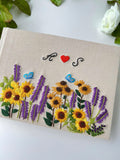 Sunflower & Lavender Guest Book with Initials by The Thread Nest, hand-embroidered linen cover, photo 2