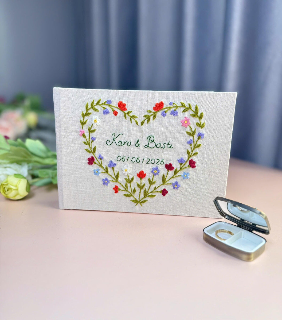 Floral Heart Wedding Guest Book by The Thread Nest, hand-embroidered linen cover, photo 2