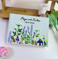 Lavender Meadow Guest Book, Personalised by The Thread Nest, hand-embroidered linen cover, photo 1