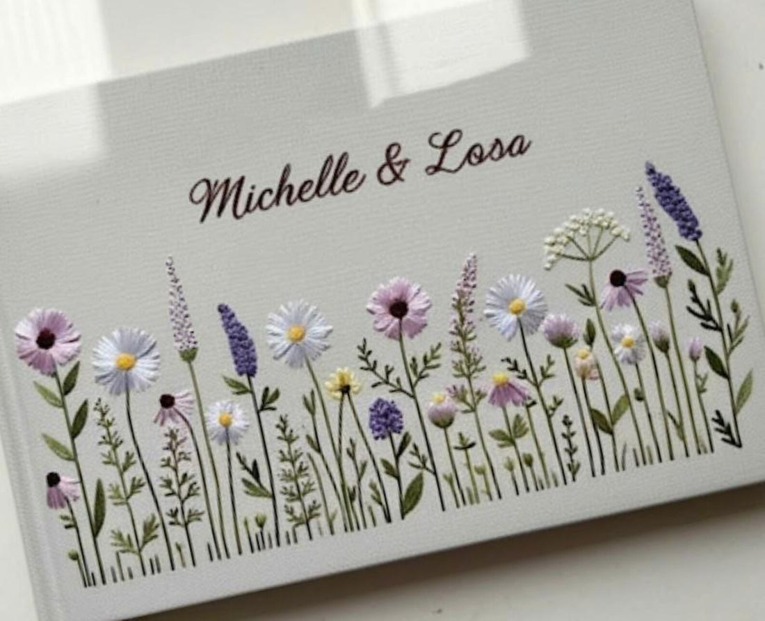 Wedding Guest Book with Names & Wildflowers by The Thread Nest, hand-embroidered linen cover, photo 1