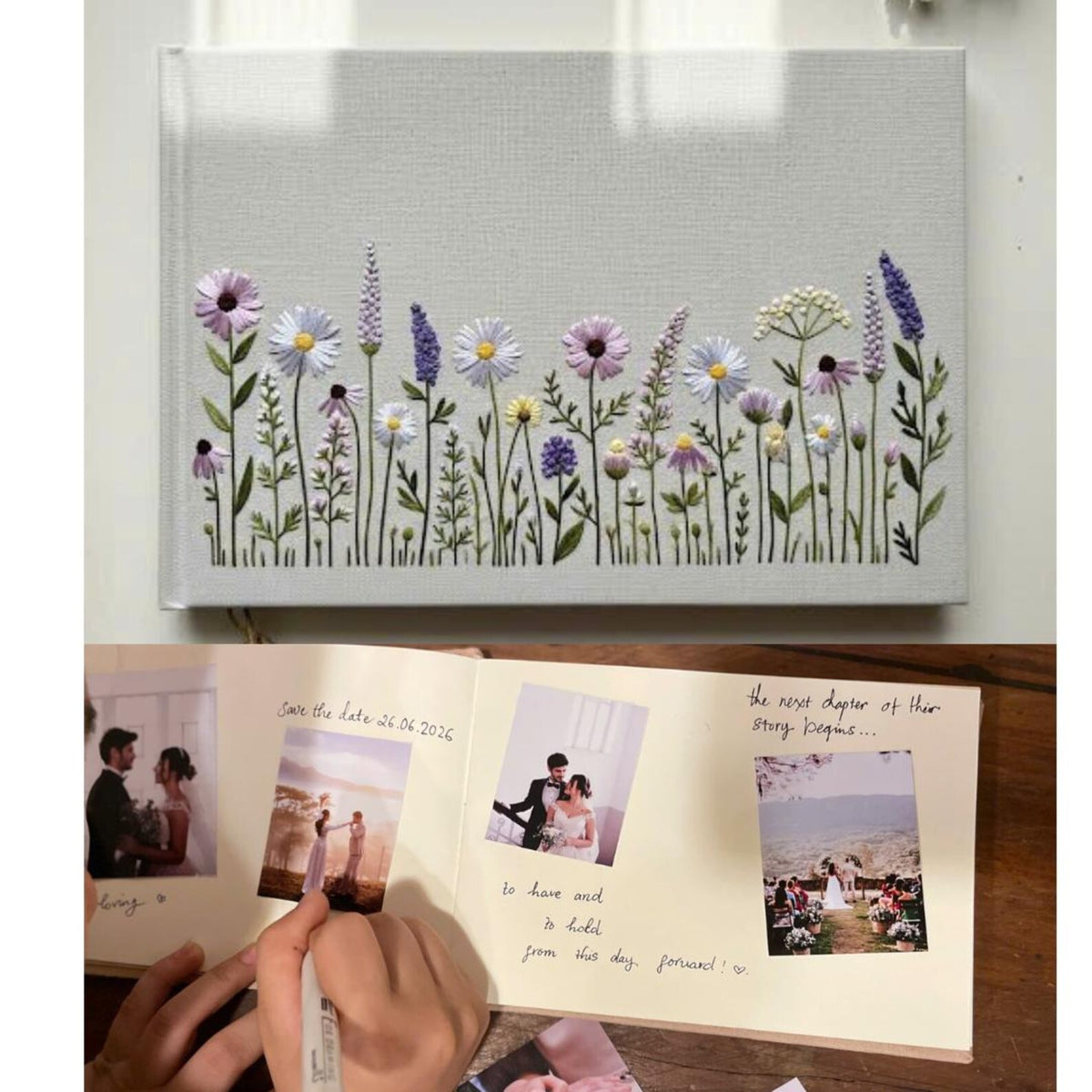 Wedding Guest Book with Names & Wildflowers by The Thread Nest, hand-embroidered linen cover, photo 3