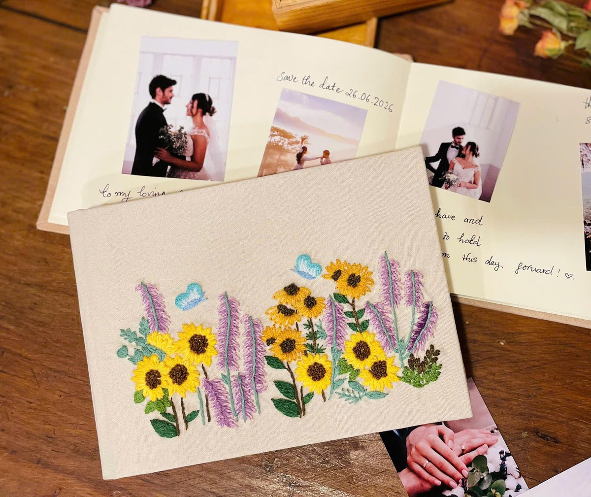 Sunflower & Butterfly Guest Book by The Thread Nest, hand-embroidered linen cover, photo 1