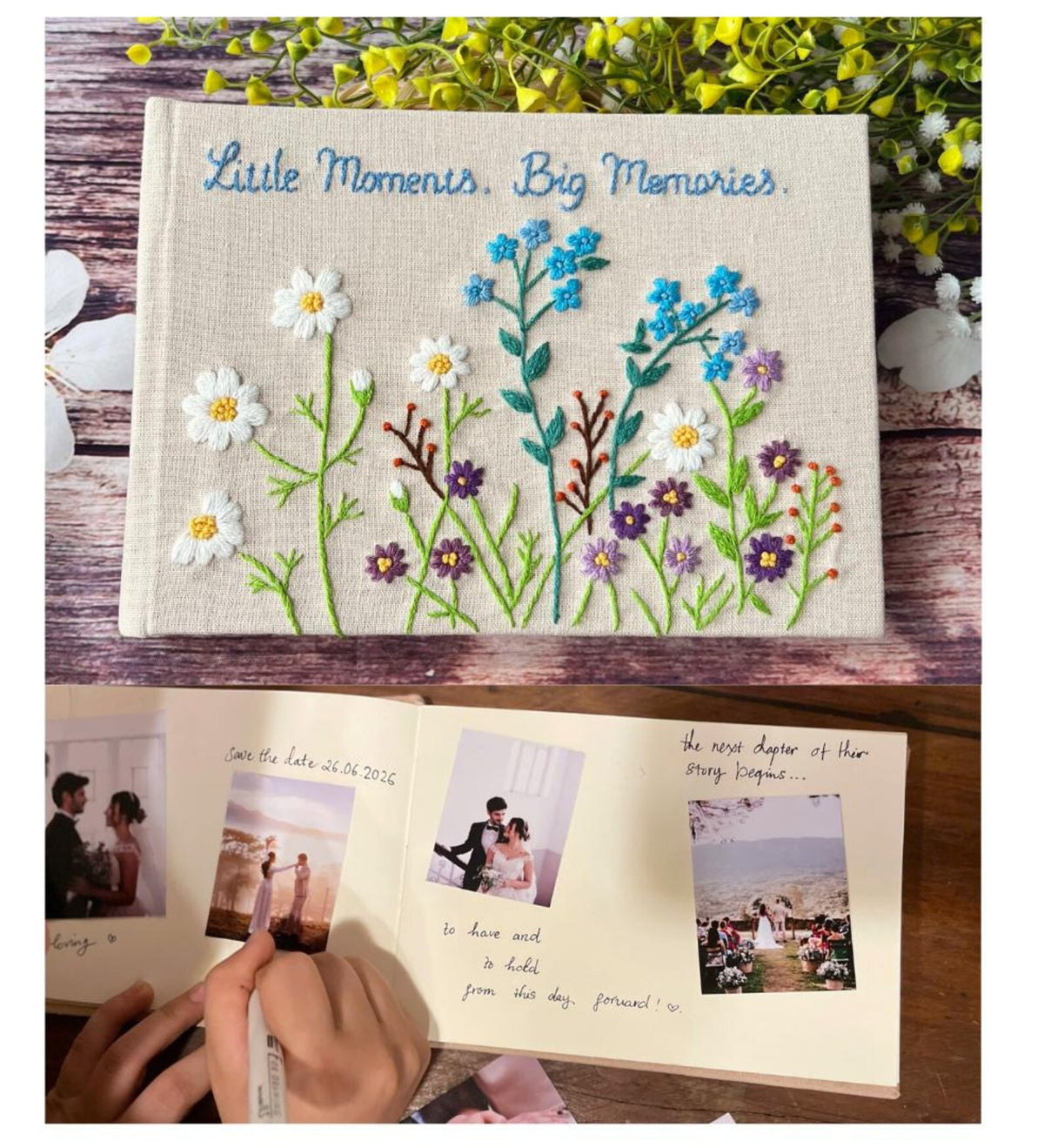 Memory Book with Your Names by The Thread Nest, hand-embroidered linen cover, photo 1