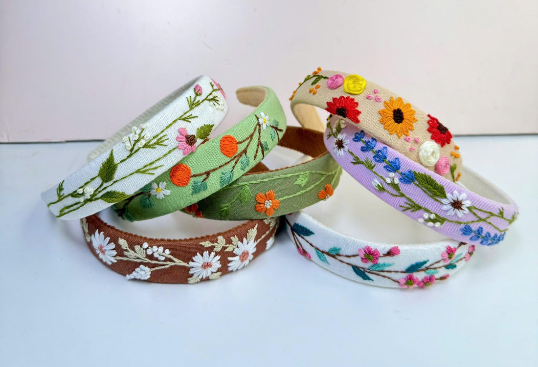 Hand Embroidered Floral Headband Wildflower Linen Design • Wholesale Available