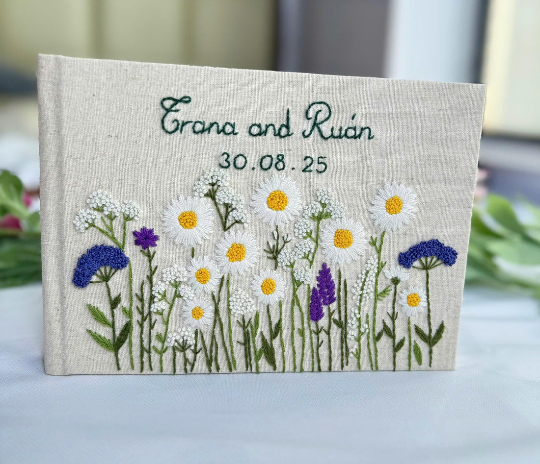 Little Moments, Big Memories Daisy Guest Book by The Thread Nest, hand-embroidered linen cover, photo 1