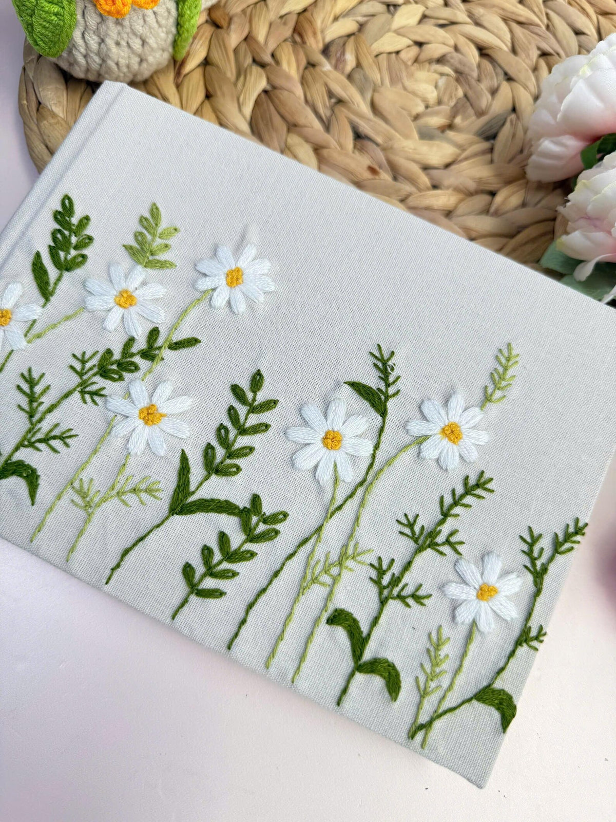 White Daisy Guest Book, Personalised by The Thread Nest, hand-embroidered linen cover, photo 4